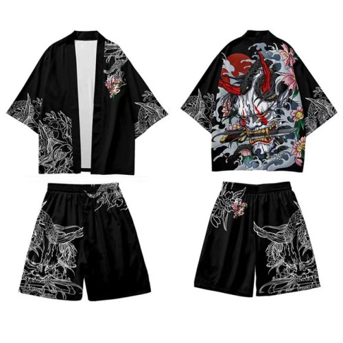 2025新款創意七分袖和服道袍沙灘褲套裝