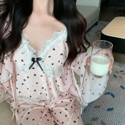 愛心波點冰絲睡衣女套裝性感吊帶帶胸墊三件套可外穿家居服甜美
