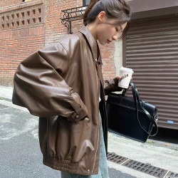 復古棕色皮衣女短款2024入秋季小個子韓版寬松皮夾克帥氣機車外套