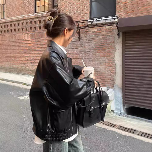復古棕色皮衣女短款2024入秋季小個子韓版寬松皮夾克帥氣機車外套