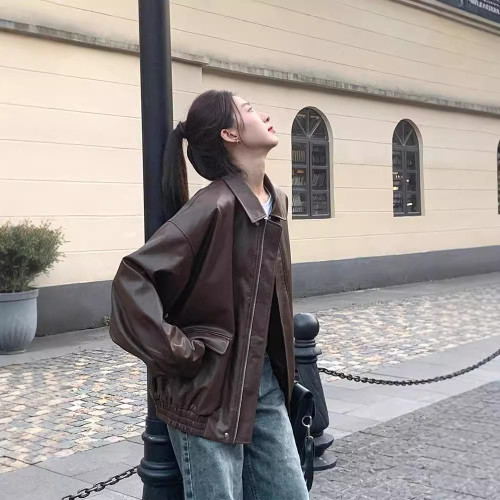復古棕色皮衣女短款2024入秋季小個子韓版寬松皮夾克帥氣機車外套