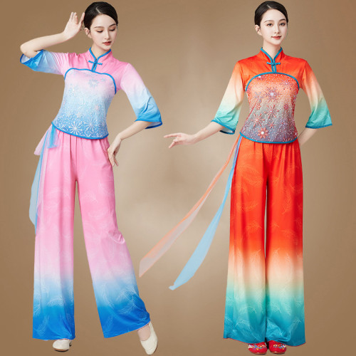 新款廣場舞古典扇子舞演出服服裝舞蹈秧歌套裝中老年