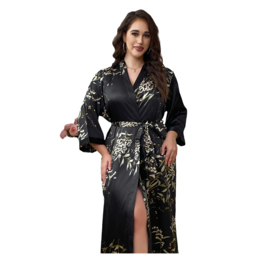 大碼女裝家居服睡袍花卉印花色丁睡袍休閒舒適可外穿寬松
