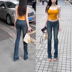 韓版設計感復古做舊微喇牛仔褲女秋季新款低腰顯瘦修身拖地長褲潮
