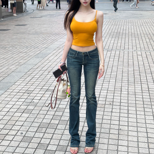 韓版設計感復古做舊微喇牛仔褲女秋季新款低腰顯瘦修身拖地長褲潮