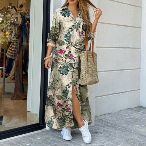 新款女裝歐美春秋時尚性感單排釦襯衫長裙寬松翻領 連衣裙