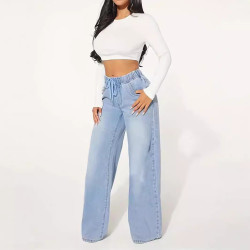 新款歐美女裝牛仔 高腰抽繩寬松濶腿淺藍牛仔褲女JEANS