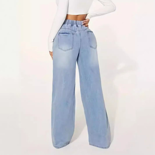 新款歐美女裝牛仔 高腰抽繩寬松濶腿淺藍牛仔褲女JEANS