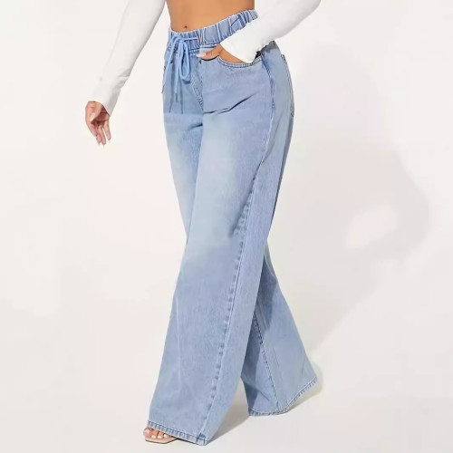 新款歐美女裝牛仔 高腰抽繩寬松濶腿淺藍牛仔褲女JEANS