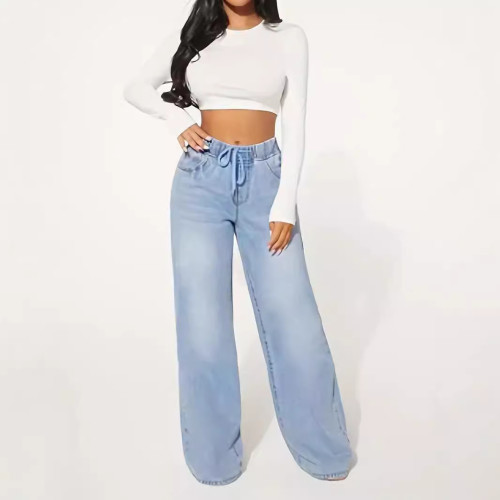 新款歐美女裝牛仔 高腰抽繩寬松濶腿淺藍牛仔褲女JEANS