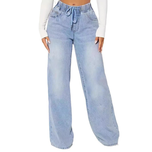 新款歐美女裝牛仔 高腰抽繩寬松濶腿淺藍牛仔褲女JEANS