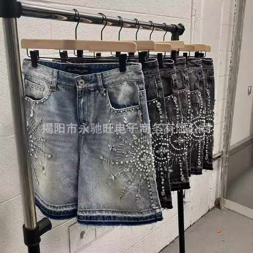 重工鑲鑽牛仔短褲男時尚潮牌美式個性街頭2024夏季新款休寬松短褲