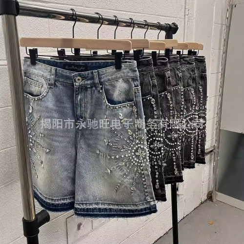 重工鑲鑽牛仔短褲男時尚潮牌美式個性街頭2024夏季新款休寬松短褲