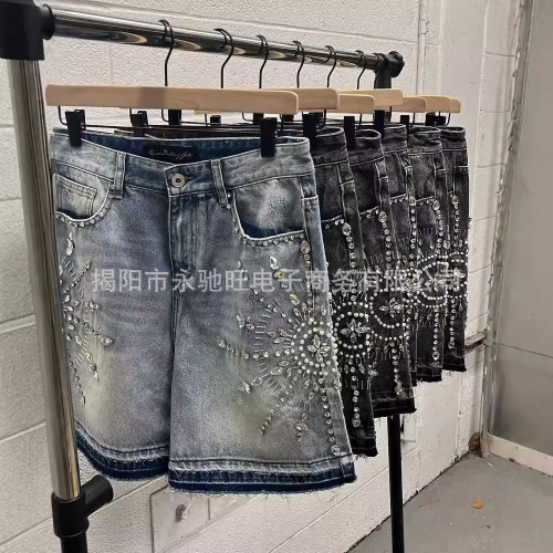 重工鑲鑽牛仔短褲男時尚潮牌美式個性街頭2024夏季新款休寬松短褲