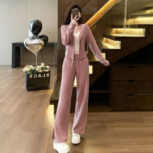 休閒運動套裝女春秋季新款寬松短款連帽上衣垂感開叉濶腿褲兩件套