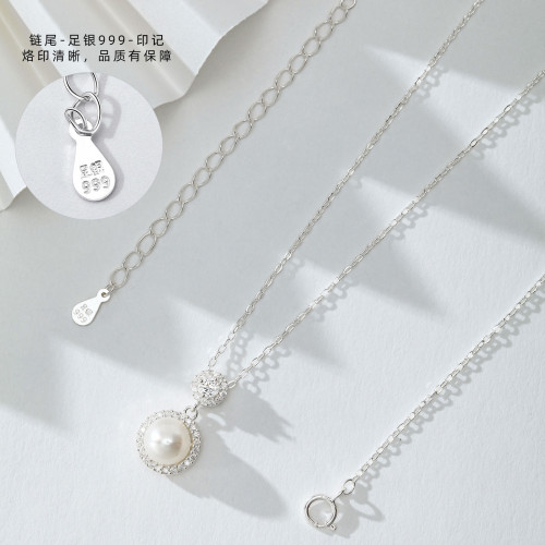 S999純銀天然淡水珍珠項鍊女滿鑽圓環吊墜輕奢簡約高級感足銀頸鏈