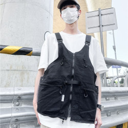 美式潮牌2024春秋季機能風吊帶馬甲大口袋外搭日系工裝背心男後背包