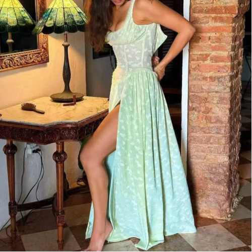 歐美ins風歐美新款 性感時尚吊帶露背連衣裙修身高開叉長裙