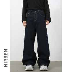 nirben牛仔|原牛色濶腿休閒牛仔褲男美式寬松百搭直筒純色長褲