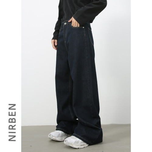nirben牛仔|原牛色濶腿休閒牛仔褲男美式寬松百搭直筒純色長褲
