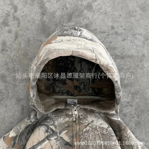 數碼美式高街時尚連帽迷彩楓葉衛衣2024春秋新款復古男女衛衣開衫