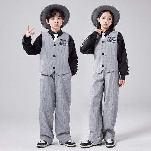 兒童爵士舞套裝西裝馬甲潮服Popping街舞演出服locking鎖舞男女童