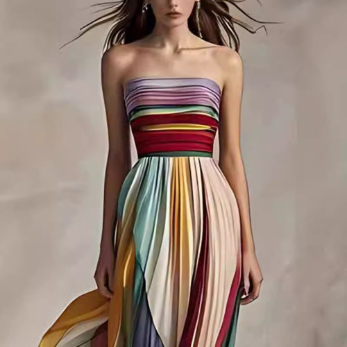 獨立站2024新款歐美性感抹胸印花彩色長裙禮服連衣裙