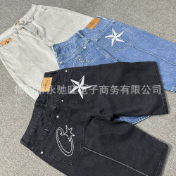 時尚潮牌新款Corteiz惡魔島牛仔褲星星刺綉牛仔褲男時尚潮流