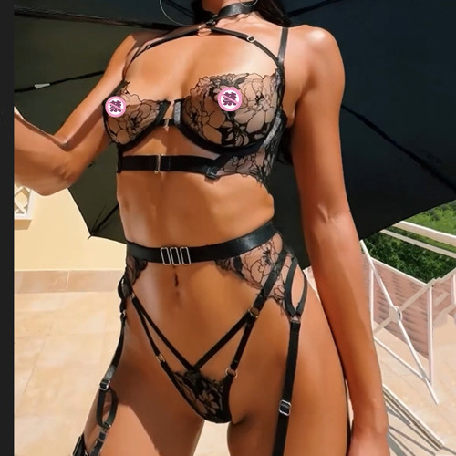 歐美法式性感掛脖刺綉網紗透視接拼情趣內衣內褲吊襪帶套裝