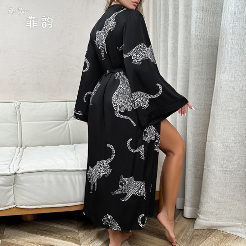 歐美女士長款緞面浴袍睡袍長袖系帶性感家居服211