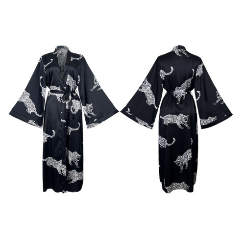 歐美女士長款緞面浴袍睡袍長袖系帶性感家居服211