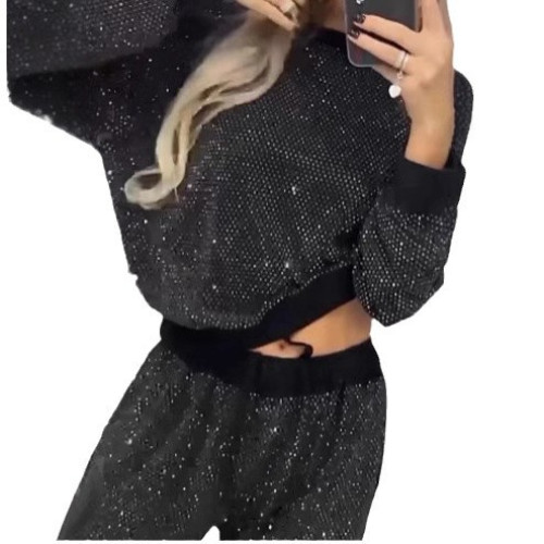 歐美秋冬爆款女裝星空滿天星長袖圓領寬松上衣抽繩濶腿兩件套