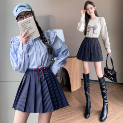 美式復古條紋百褶裙女秋冬韓版高腰學院風甜美休閒A字半身裙
