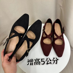 2024秋季新款法式復古交叉帶時尚百搭女鞋小個子內增高方頭單鞋女