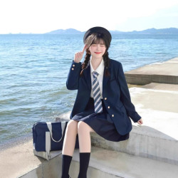 原創JK西裝外套日系女甜美學院風百搭校供春秋黑色長西裝勛章製服