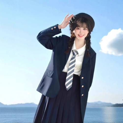 原創JK西裝外套日系女甜美學院風百搭校供春秋黑色長西裝勛章製服