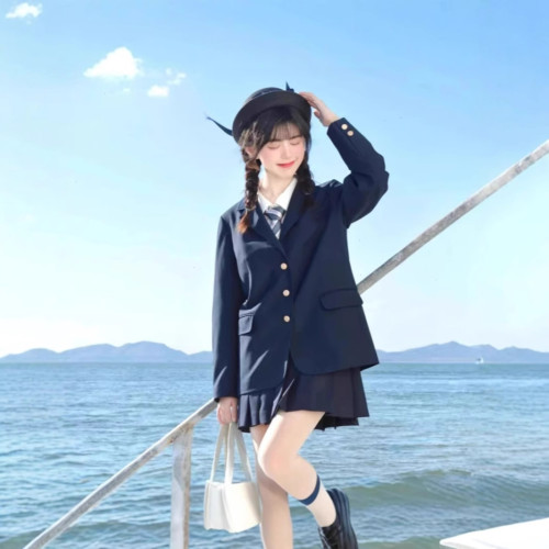 原創JK西裝外套日系女甜美學院風百搭校供春秋黑色長西裝勛章製服