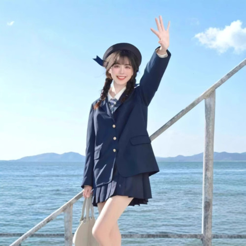 原創JK西裝外套日系女甜美學院風百搭校供春秋黑色長西裝勛章製服
