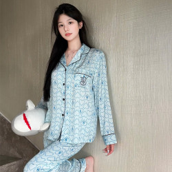 【刺綉愛心】春秋新款女可愛冰絲薄款睡衣長袖絲綢家居服套裝新款