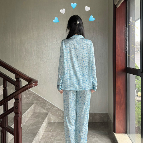 【刺綉愛心】春秋新款女可愛冰絲薄款睡衣長袖絲綢家居服套裝新款