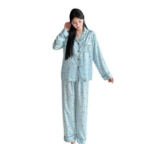【刺綉愛心】春秋新款女可愛冰絲薄款睡衣長袖絲綢家居服套裝新款