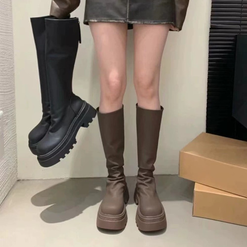 小個子加絨皺褶彈力高筒靴松糕厚底瘦瘦長靴女顯瘦復古倒靴長筒靴