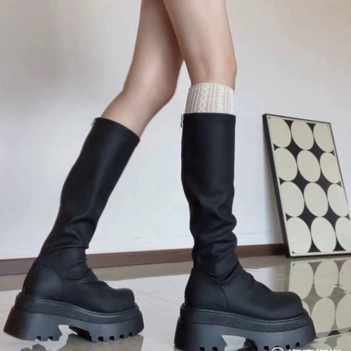 小個子加絨皺褶彈力高筒靴松糕厚底瘦瘦長靴女顯瘦復古倒靴長筒靴