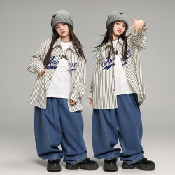 街舞兒童潮服嘻哈hiphop寬松男女童條紋襯衫少兒潮牌表演出服裝秋