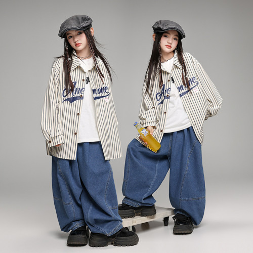 街舞兒童潮服嘻哈hiphop寬松男女童條紋襯衫少兒潮牌表演出服裝秋