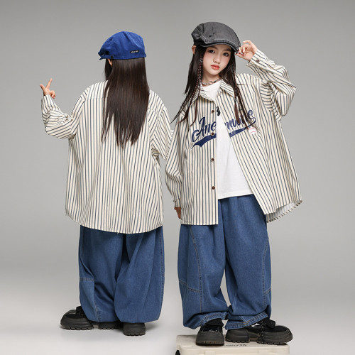 街舞兒童潮服嘻哈hiphop寬松男女童條紋襯衫少兒潮牌表演出服裝秋