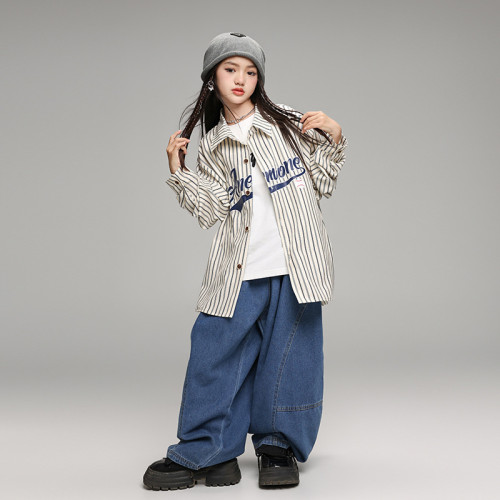 街舞兒童潮服嘻哈hiphop寬松男女童條紋襯衫少兒潮牌表演出服裝秋
