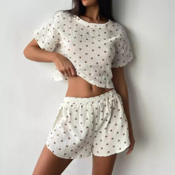 2024新款夏季歐美薄款愛心印花縐紗純棉睡衣女短袖開衩短褲