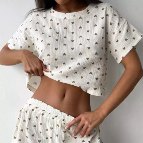 2024新款夏季歐美薄款愛心印花縐紗純棉睡衣女短袖開衩短褲