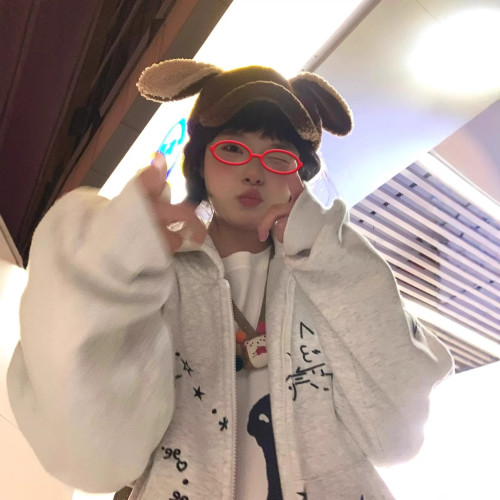 日系可愛貓咪白灰色開衫衛衣女連帽秋冬加絨寬松慵懶風拉鍊外套潮